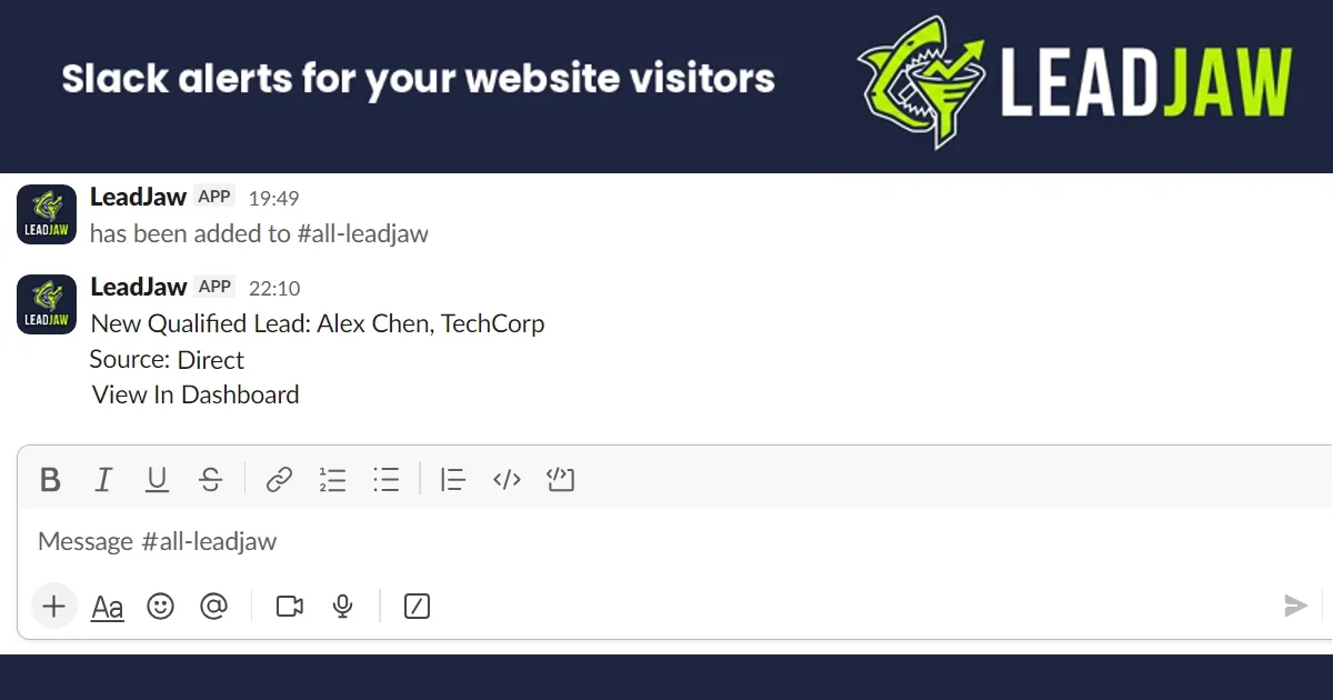 LeadJaw Slack alert showing a named company visiting a website in real time