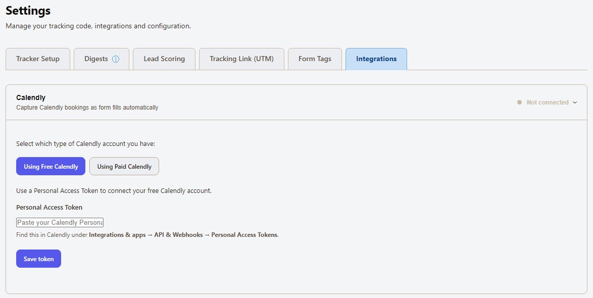 LeadJaw settings screen showing the free Calendly connection using a Personal Access Token