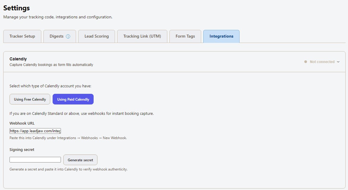 LeadJaw settings screen showing the paid Calendly connection using a webhook URL and signing secret